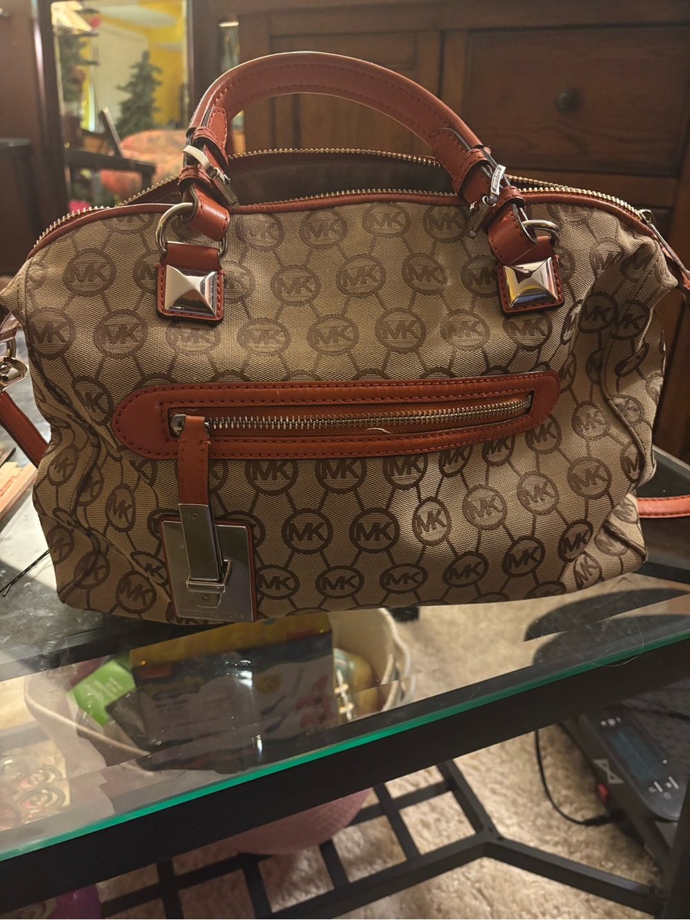 Michael Kors Beige Logo Satchel with Brown Trim